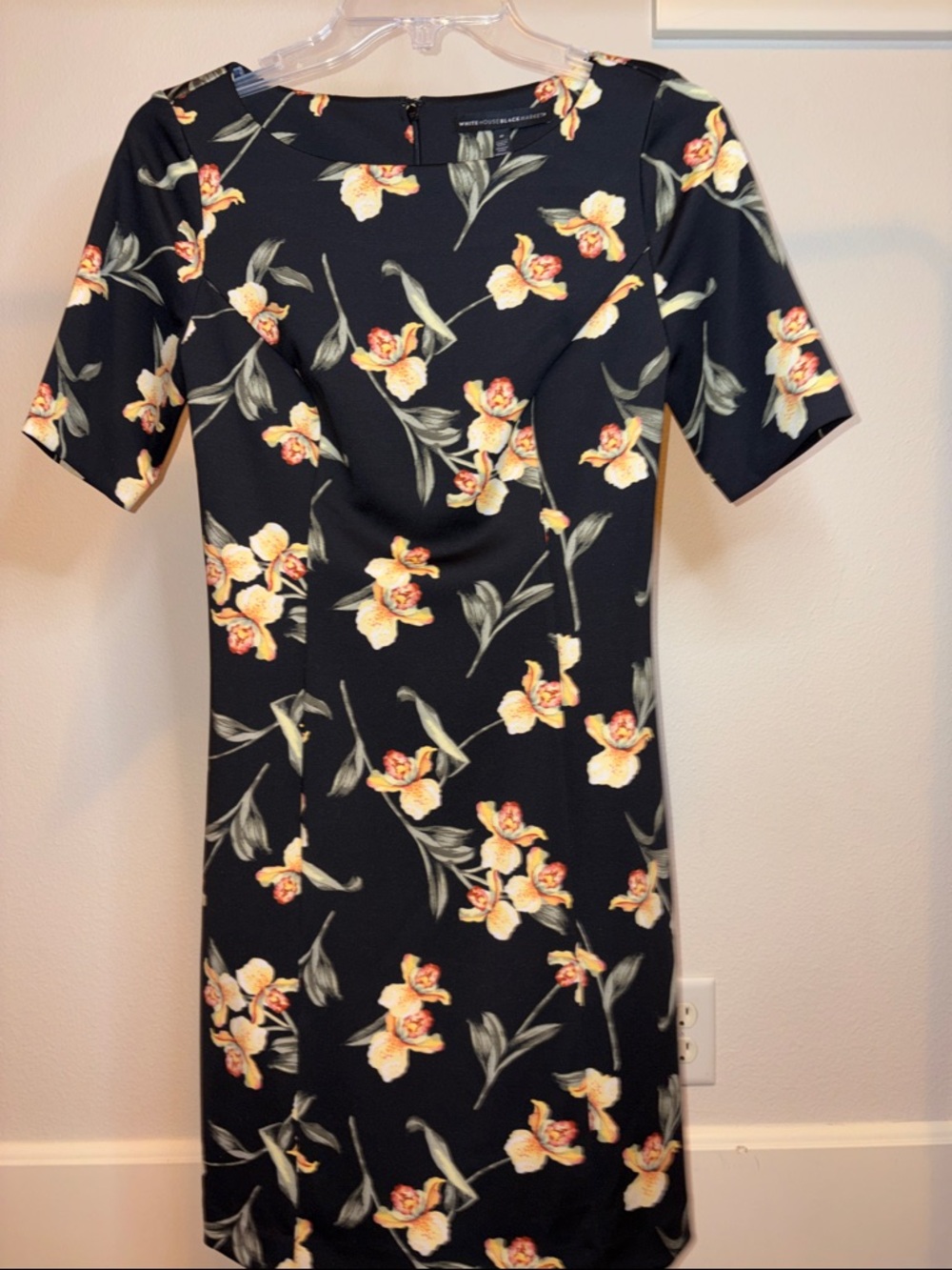 White House Black Market Black Sheath Dress with Yellow-Orange Floral Print